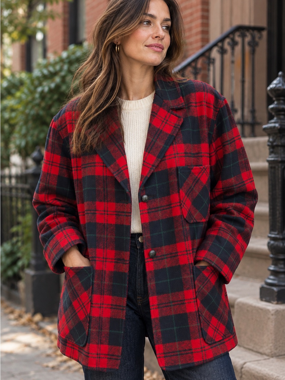 Vintage Pendleton Wool Plaid Blazer Jacket Red Navy Tartan Oversized Large